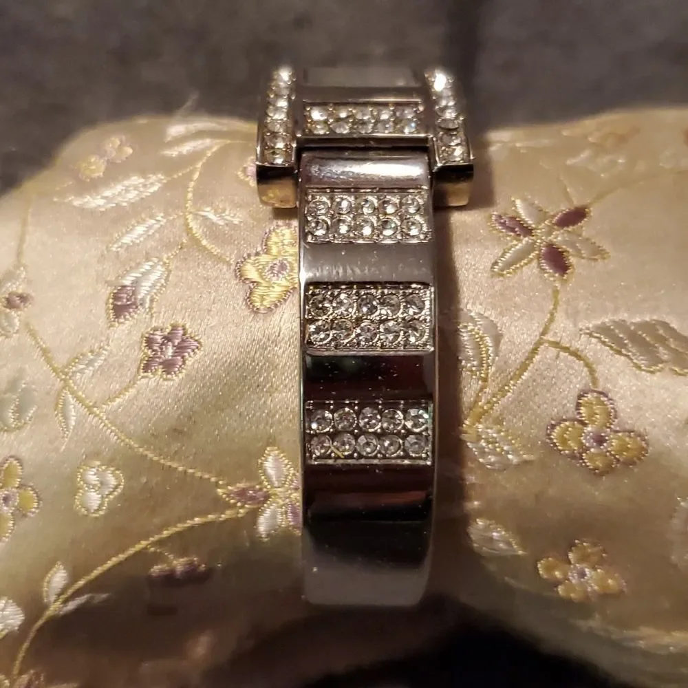 Collezio Rectangular Watch‎ CZ Crystals on a Silver Spring Hinge Bangke Band